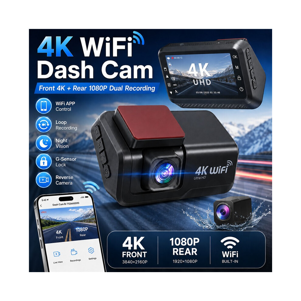Front Rear Dual Lens 4K Uhd Wifi Dash Cam With Night Vision Loop Recording 4048712648116