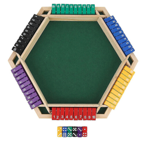 Classico gioco di dadi Shut The Box per 6 giocatori, con tabellone in legno e 12 dadi.