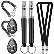 Silbato negro con 2 clickers y trinquetes para adiestrar mascotas y detener los ladridos, con correa para la muñeca y cordón.