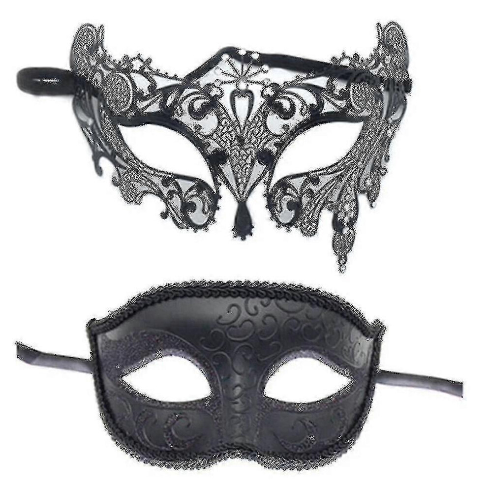 Couple Matching Masquerade Masks 2Pcs Black Half Face Mask Set for Party Ball
