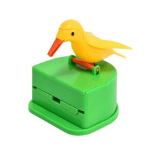 Auto Eject Cute Bird Pecking Toothpick Jar Green Yellow 1Pcs