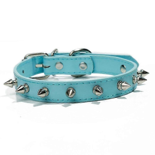 (sky blue, XL) Bite-Resistant Leather Dog Collar, Adjustable for Small Dogs, Solid Colour