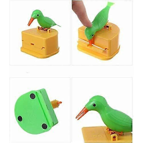 Auto Eject Cute Bird Pecking Toothpick Jar Green Yellow 1Pcs 2