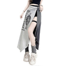 Women High Side Split Asymmetric Letter Print Maxi Skirt Dance Practice Casual Streetwear