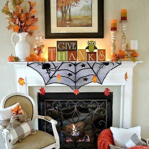 Spider Web Lace Skeleton Skull Tablecloth Black Fireplace Halloween Decor 1