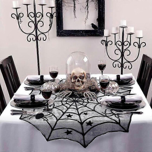 Spider Web Lace Skeleton Skull Tablecloth Black Fireplace Halloween Decor 2