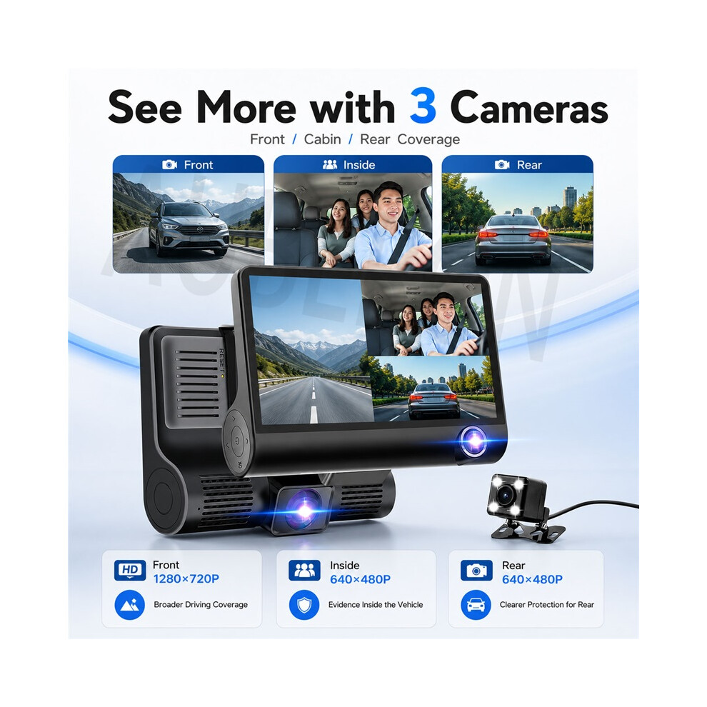 Three Lens 4Inch Ips 1080P Car Dash Cam Dvr Recorder 4048712648437