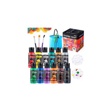 12PCS Washable Kids Tempera Paint Set (2 oz Each), Liquid Poster Paint with 6 Brushes, 2 Palette & 1 Paint Brush Clean Bucket, Non-Toxic Kids Paint