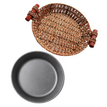 1Set Praktische Ronde Steakpan Van Ijzer Met Rieten Serveertray