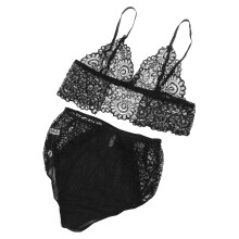 1Set Zwart Polyester Lingerie Set Dames Met Fijne Kantdetails