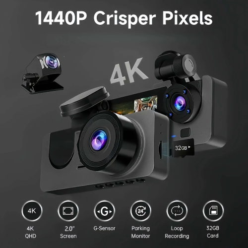 3 Camra Dash Cam Car Video Recorder Front Rear Night Vision With 32G