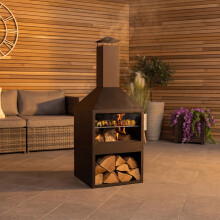 CHARLES BENTLEY Iron And Black Powder Coated Steel 118cm BBQ & Chimenea, Heater, Wood And Charcoal Burner, Rust Resistant, Log Storage, Poker