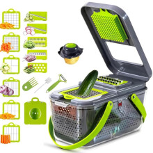 (Gray) Multifunctional Vegetable Slicer, BYONDSELF, 22 in 1, Stainless Steel Blade, with Cleaning/Peeling Brush, for Fruits and Vegetables, Green