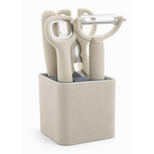 5 Piece Kitchen Utensil Set with Holder, Beige Baking Tools Cooking Utensils Stainless Steel Heat Resistant Easy Clean