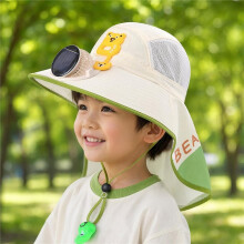 Kids Cooling Sun Hat with Built-in Fan, Wide Brim Mesh Breathable Summer Cap with Neck Shawl for Children (Beige)