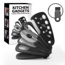 6-in-1 Multifunctional Kitchen Gadget Set, Vegetable Chopper, Fruit Cleaner, Pizza Cutter, Bottle Opener, Grater, Space-Saving, Black