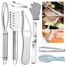 (Multicolor) 8-Piece Fish Cleaning Tool Set, Stainless Steel, with Gloves, Silver