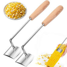 BOMSTOM 2 Pack Corn Stripper, Stainless Steel Corn Cutter, Wooden Handle Corn Scraper, 23.8 cm, Silver, Easy Corn Removal Kitchen Tool