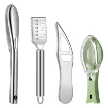 Rqiurpn 4-in-1 Multifunctional Fish Scale Scraper, Stainless Steel/Plastic, Easy to Use & Clean, Non-Slip Comfortable Handle, Silver/Green