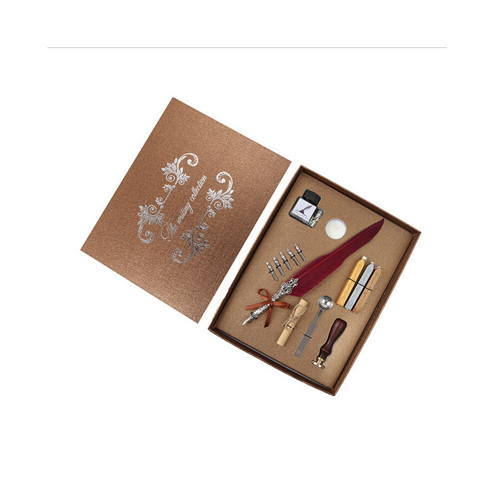 (Wine Red) Antique Feather Quill Pen Fountain Dip Writing Stationery Sealing Wax Seal Set 413590985358