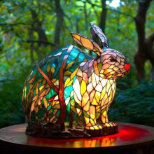 Lampada notturna a LED con ornamento in resina a forma di coniglio, statuetta artistica, decorazione creativa per casa e scri