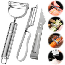 BOMSTOM Stainless Steel Vegetable Peeler Set of 3, Julienne Cutter, Vegetable Cleaning Tool for Kitchen, Silver