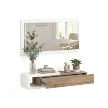Mueble recibidor con 1 cajón y espejo en blanco artik y roble canadian 95 cm Derek