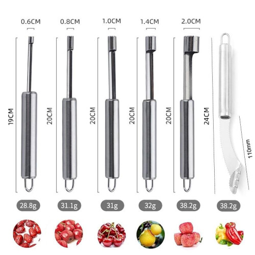 Stainless Steel Fruit Corer Set 5 Sizes + 1 Pepper Corer Silver 6 Pieces Kitchen Tool 1