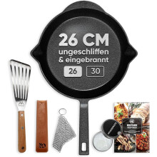 (26cm, Bratpfanne) GUSSKÖNIG Gusseisenpfanne ⓠGrill- & Bratpfanne aus Gusseisen für Induktion, Gas & Ofen ⓠinkl. Zubehör
