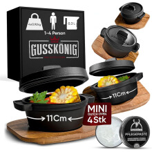 (4x mit Holzbrett) GUSSKÖNIG Dutch Oven Set Mini ⓠ6x 300 ml Gusseisen Mini Topf mit Deckel