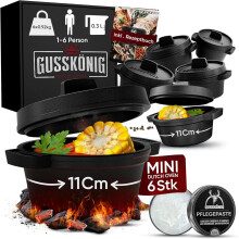 (6 x 300 ml) GUSSKÖNIG Dutch Oven Set Mini ⓠ6x 300 ml Gusseisen Mini Topf mit Deckel