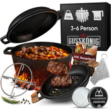 (4,8L+1,8L) GUSSKÖNIG Dutch Oven 2in1 Eingebrannter Gusseisen Topf 3L & Gusspfanne 1,5L