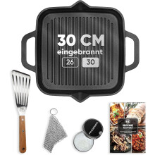 (30cm, Grillpfanne) GUSSKÖNIG Gusseisenpfanne ⓠGrill- & Bratpfanne aus Gusseisen für Induktion, Gas & Ofen ⓠinkl. Zubehör