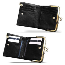 2 Pcs Women'S Short Wallet Bifold Retro Multifunction Coin Purse with Zip and Kiss Lock, Black &