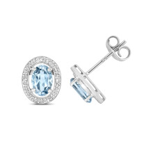 Exquisite 9ct White Gold Ladies Diamond Stud Earrings Brilliant Cut H - PK with Aquamarine - 9mm*8mm