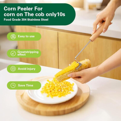 BOMSTOM 2 Pack Corn Stripper, Stainless Steel Corn Cutter, Wooden Handle Corn Scraper, 23.8 cm, Silver, Easy Corn Removal Kitchen Tool 1