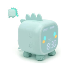 (Green) Detský LED budík s dinosaurom, časovaným nočným svetlom a kontrolkou spánku, zobrazením teploty a funkciou odloženia budenia.