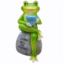 (Frog Drinking Coffee Blue Cup) Żywiczna figurka żaby 9,5x7,5x15,5 cm Trwała ozdoba ogrodowa na zewnątrz Zielona figurka żaby
