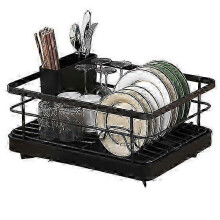 (black) Tableware Drying Rack Carbon Steel Large Capacity with Cutlery Holder & Drainage Tray for Kitchen Countertop Organisation