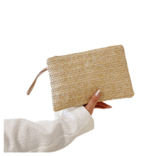 Strå glidelås clutch-veske bohemsk håndleddsveske for kvinner sommer strandveske og veske