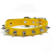 (yellow, S) Bijtbestendige hondenhalsband van leer, verstelbaar, klein, effen kleur, geschikt voor honden.