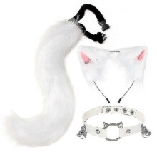 (White) Furry Cat Ears Fox Tail Bell Collar Necklace Set, Faux Fur Plush Headwear for Halloween Cosplay Stage Performance, 3 Pieces Set