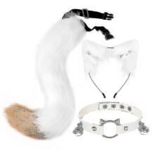 (White Camel) Furry Cat Ears Fox Tail Bell Collar Necklace Set, Faux Fur Plush Headwear for Halloween Cosplay Stage Performance, 3 Pieces Set