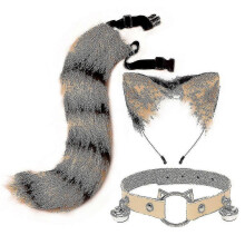 (Yellow Black) Furry Cat Ears Fox Tail Bell Collar Necklace Set, Faux Fur Plush Headwear for Halloween Cosplay Stage Performance, 3 Pieces Set