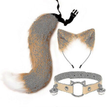 (Khaki) Furry Cat Ears Fox Tail Bell Collar Necklace Set, Faux Fur Plush Headwear for Halloween Cosplay Stage Performance, 3 Pieces Set