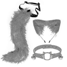 (Dark grey) Furry Cat Ears Fox Tail Bell Collar Necklace Set, Faux Fur Plush Headwear for Halloween Cosplay Stage Performance, 3 Pieces Set