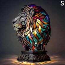 (Lion-S) Animal Table Lamp, Stained Glass Resin Night Light, Dragon Cat Unicorn Mermaid Options, USB Plug Power, For Bedroom Living Room Decoration
