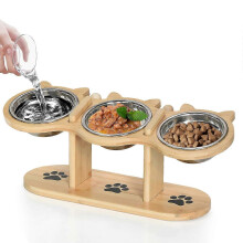 (Wooden) Adjustable Raised Cat Bowls Set with 15 Degree Tilted Stainless Steel Feeder and Wooden Stand