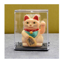 (Yellow, 23063B) Solar Powered Waving Lucky Cat Decoration for Home Office Desk Good Luck Statue