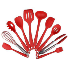 (Red) Conjunto de Utensílios de Cozinha de Silicone 10 Peças Cabo Aço Inoxidável